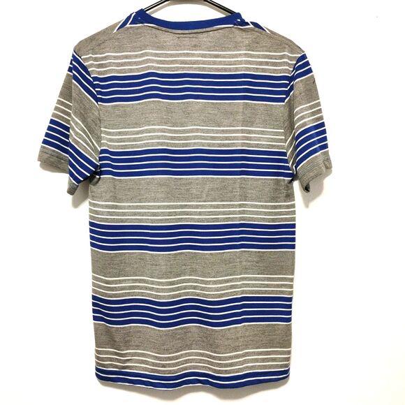 gray Blue Striped Shirt Men's Large Short Sleeve Pullover Lightweight logo drift - Picture 4 of 4